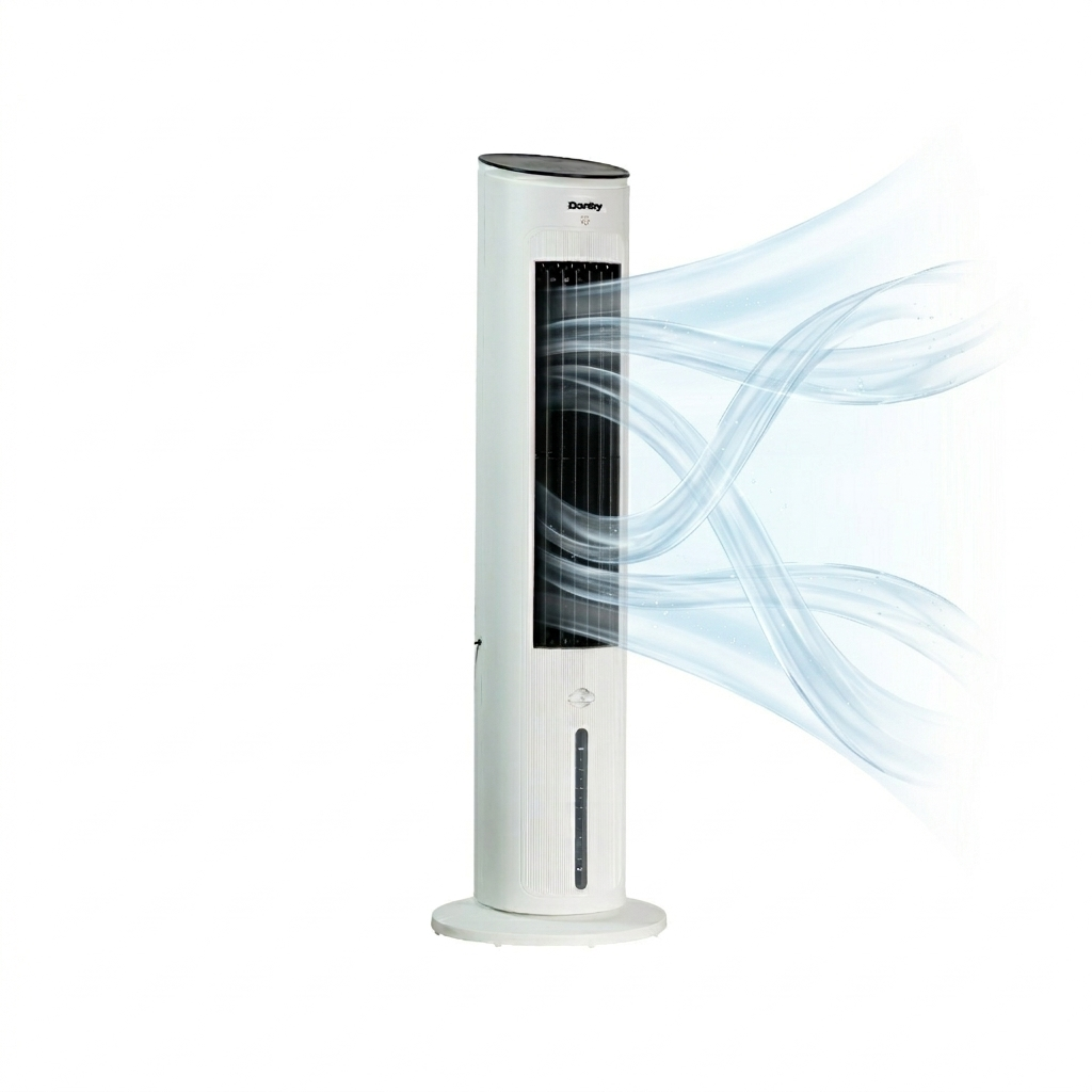Danby DBEC42A41W 42 inch evaporative cooler with airflow streams blowing from front vent